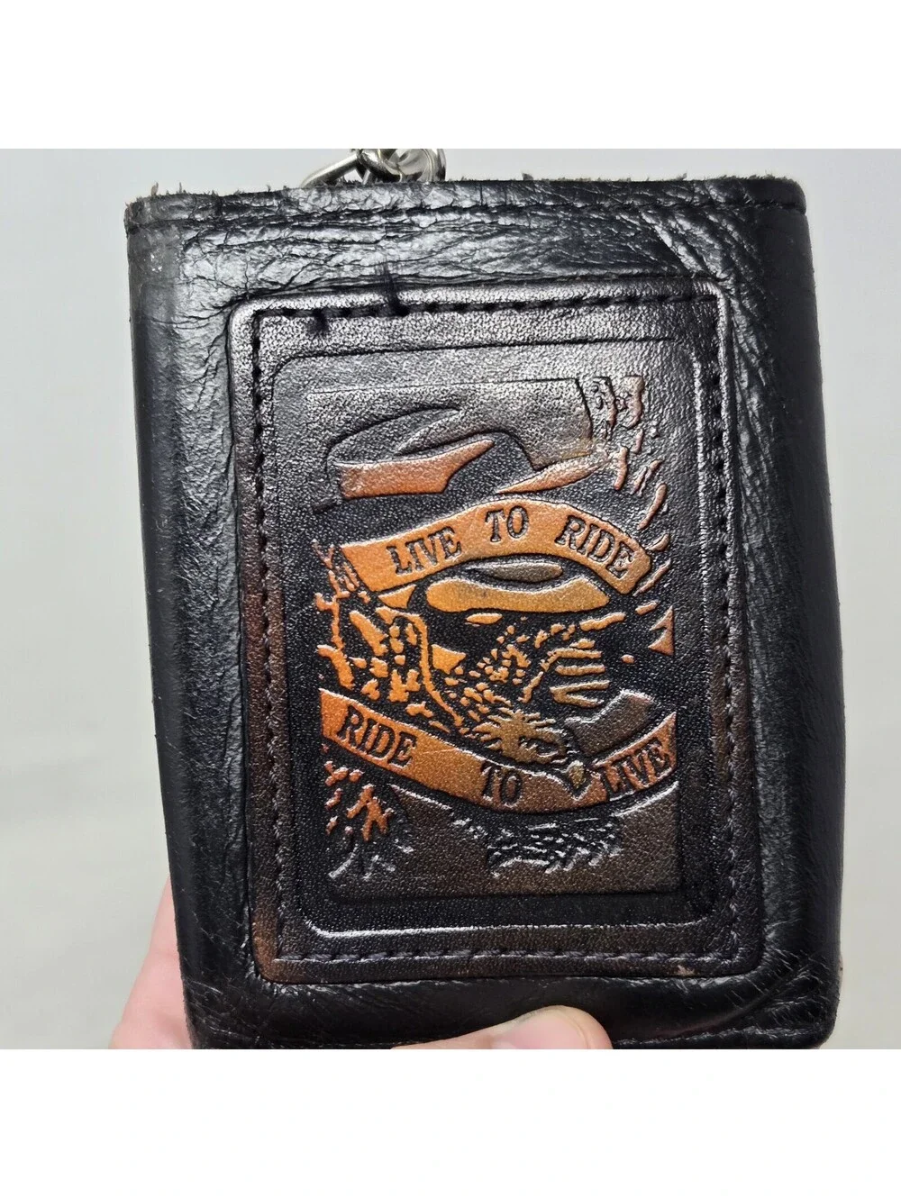 VTG Biker Trifold Wallet with Chain Black & Brown Tooled Leather Live To Ride